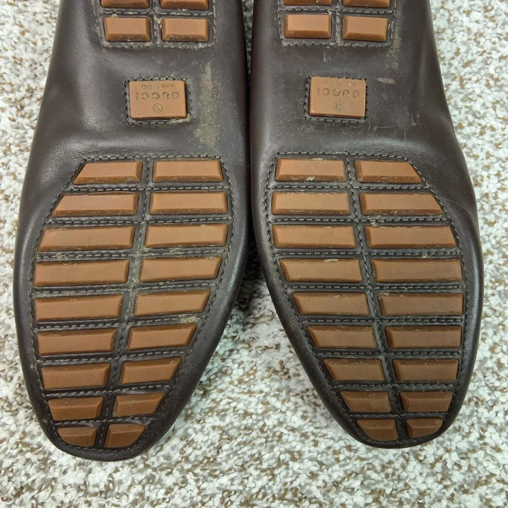 Gucci Mens Shoes Size 7.5 Brown Leather Canvas Loafers Slip On GG Monogram Italy